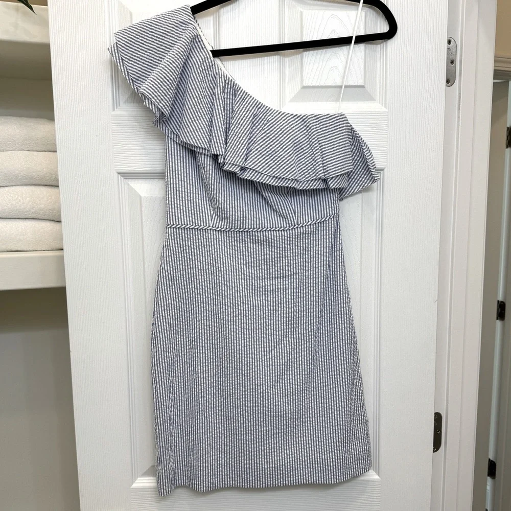 J. Crew Seersucker Striped Blue and White One Shoulder Ruffle Dress NWT Size 00